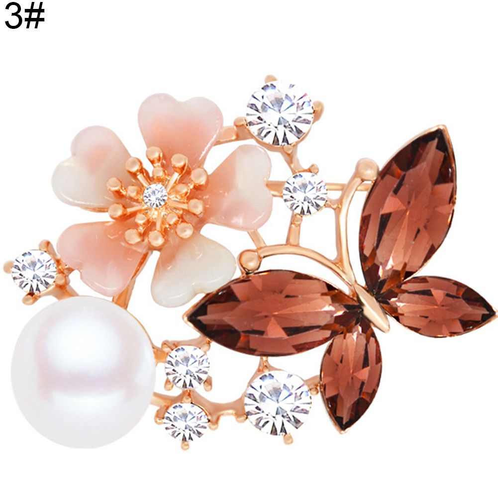 Women Faux Quartz Butterfly Flower Imitation Pearl Brooch Pin Lapel Clip Decor