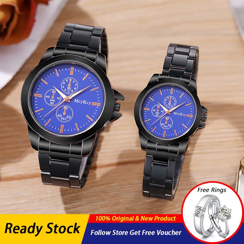 [With Free Couple Rings] 2 Pcs/Set Couple Watches Men's Women's Quartz Watches Women's Stainless Steel Band Quartz Watches A Pair of Fashion Watches