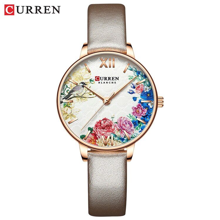 CURREN 9059 White Leather Watch for Women Watches Fashion Flower Quartz Wristwatch Female Clock Mujer Charms Ladies Gift