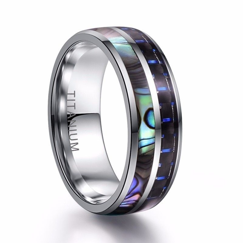 8mm Abalone Shell stainless steel rings Engagement Ring Rainbow Rippled Abalone Inlay Stainless steel ring