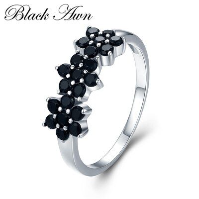 Cute 2.1g 925 Sterling Silver Fine Jewelry Flower Bague Black Spinel Wedding Rings for Women Girl Party Gift C464