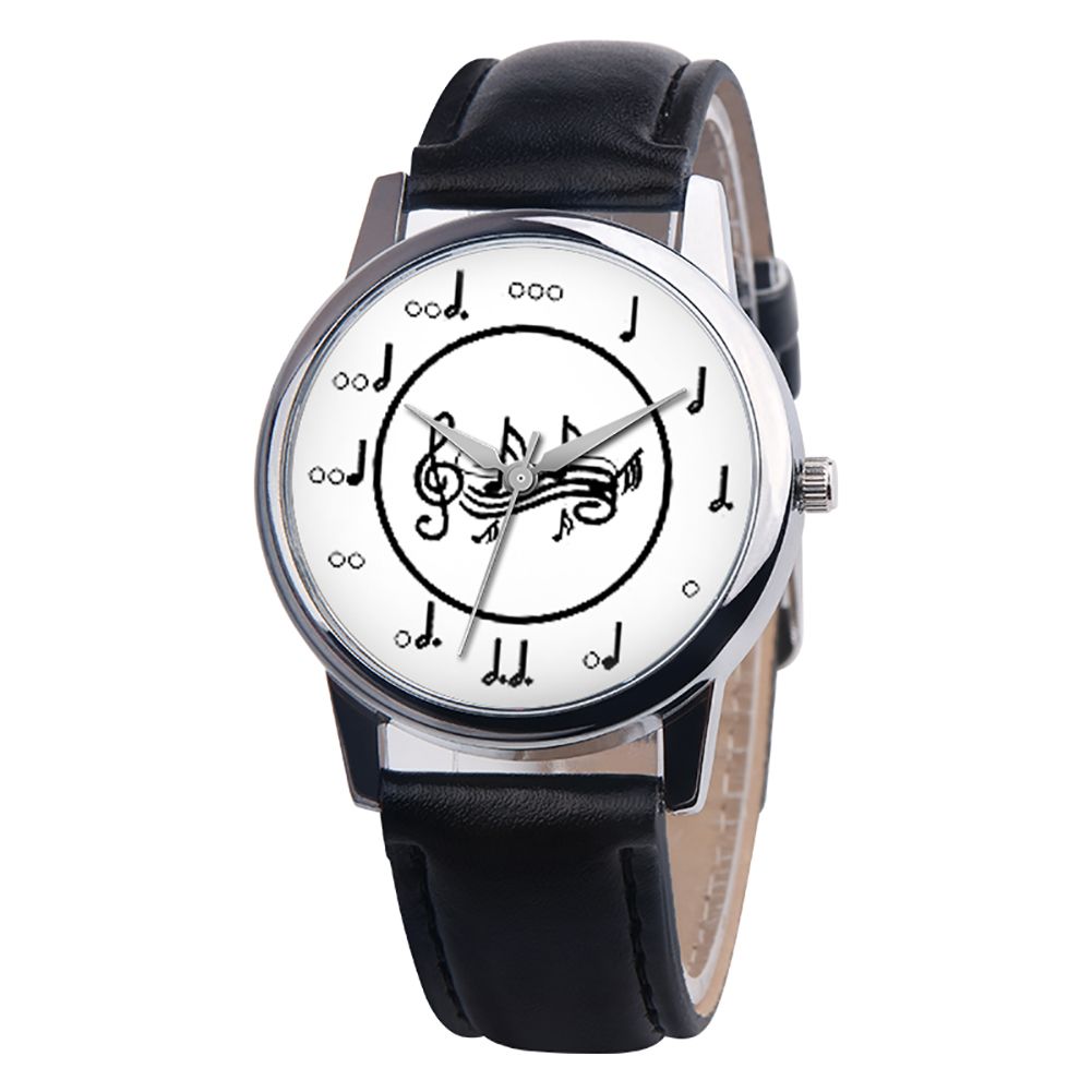 Fashion Music Note Analog Round Dial Faux Leather Band Unisex Quartz Wrist Watch