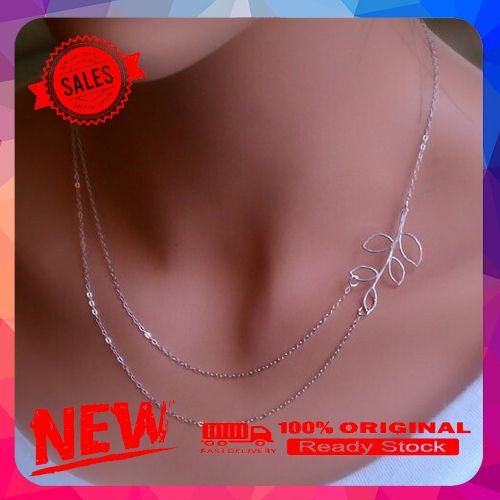 Women Boho Fashion Double Layered Chain Branch Leaf Charm Silver Plated Necklace