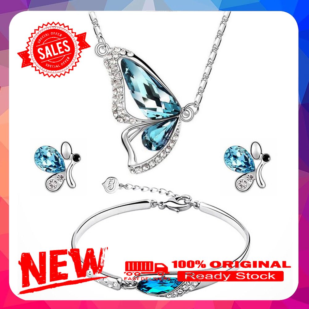 Women Fashion Rhinestone Butterfly Jewelry Set Necklace + Earrings + Bracelet