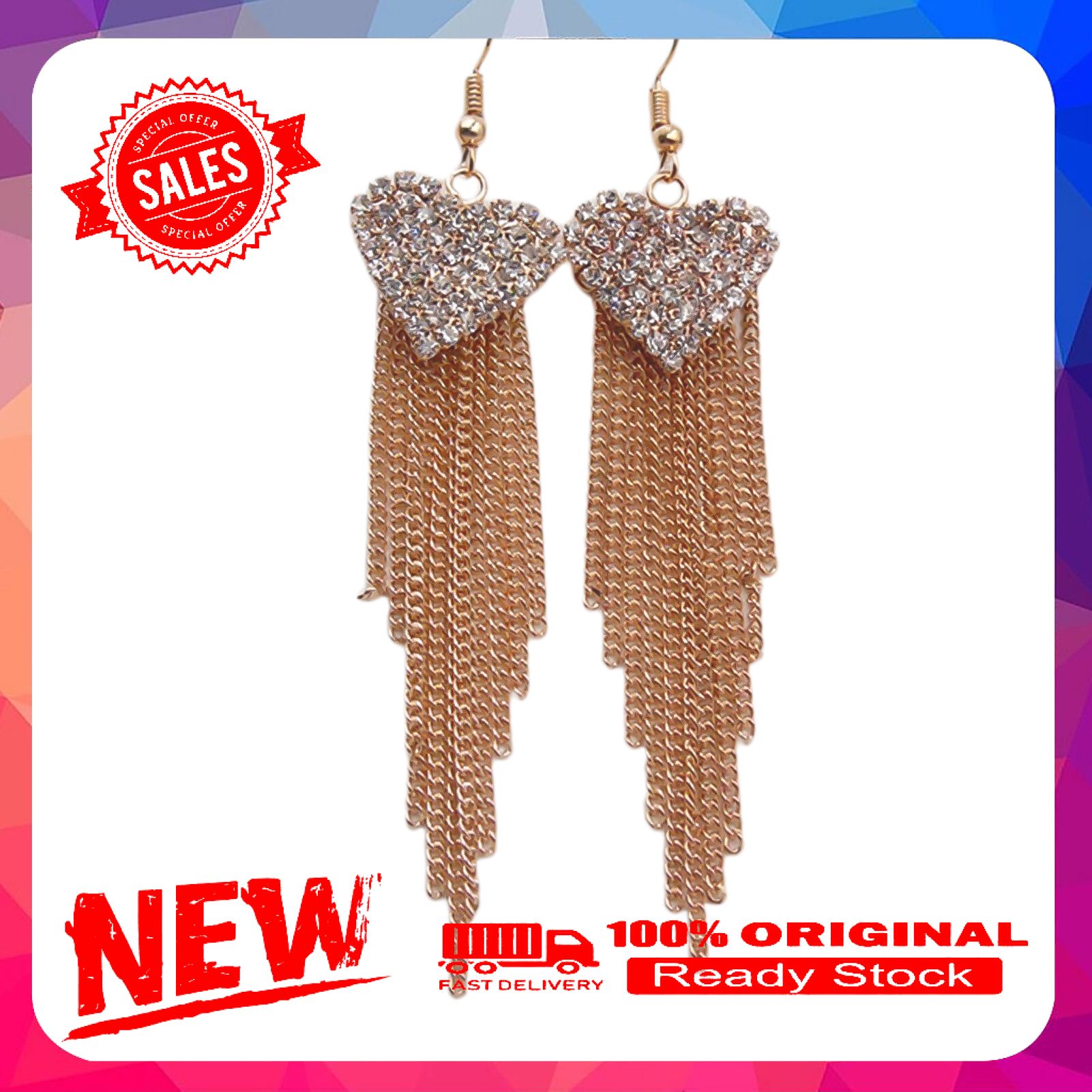 Linear Earrings Love Heart Shape Rhinestone Inlaid Women Long Tassels Dangle Hook Earrings Jewelry for Party