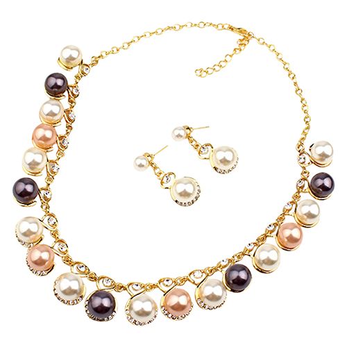 Women Faux Pearls Rhinestone Chain Necklace Earrings Wedding Bride Jewelry Set