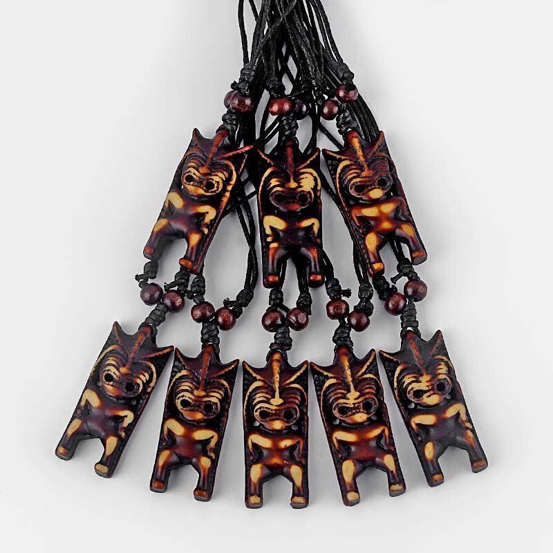 1pcs Brown/White Tribal Yak Bone Carved Tiki Man Totem Pendants& Necklace Black Wax Cotton Cord Mens