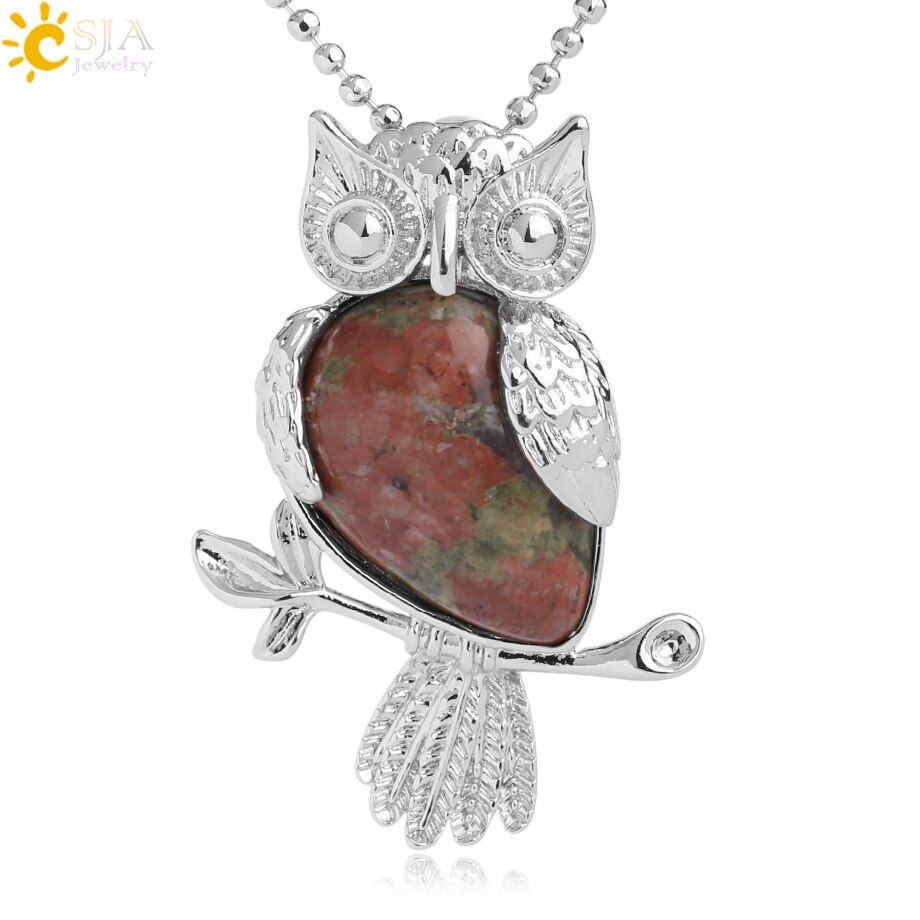 CSJA Water Drop Natural Stone Necklace & Pendants Owl Shape Pink Quartz Sodalite Crystal Trendy Charm Jewelry for Women Men G077