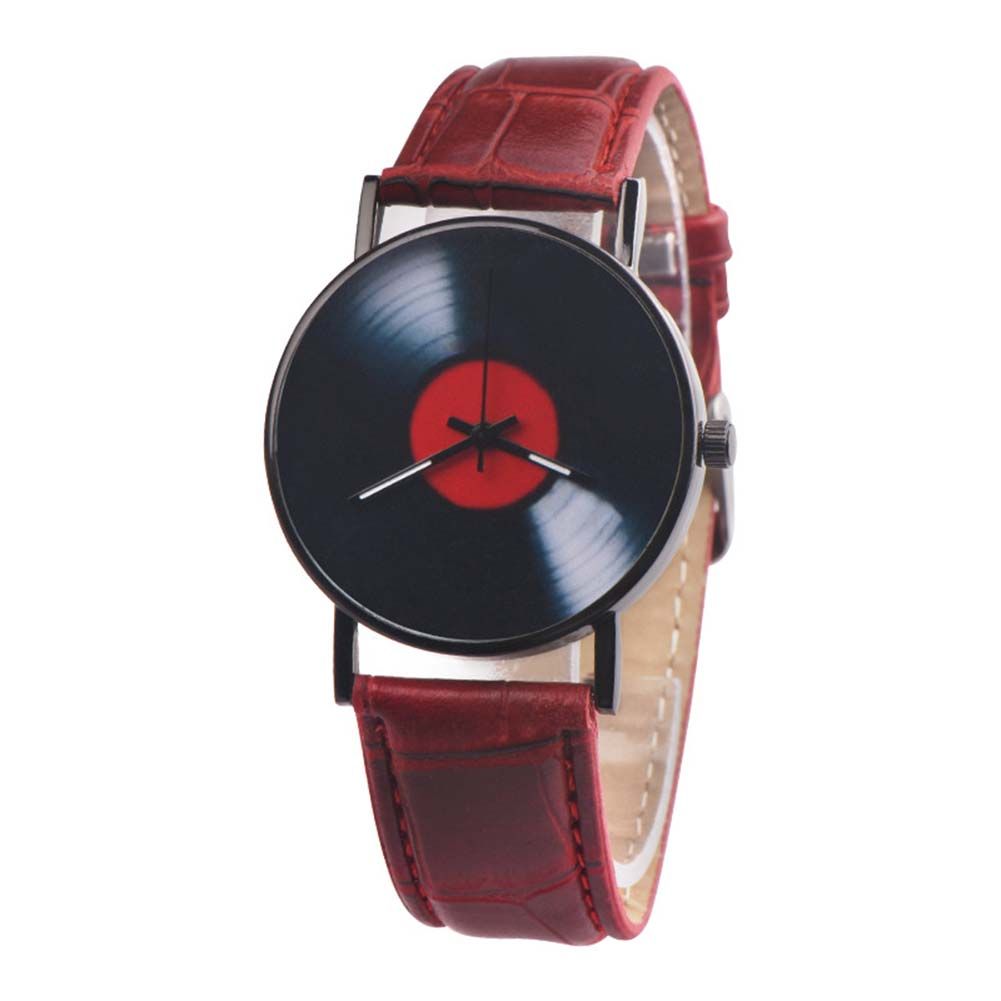 Vintage Record Shape Round Dial Faux Leather Band Women Men Quartz Wrist Watch