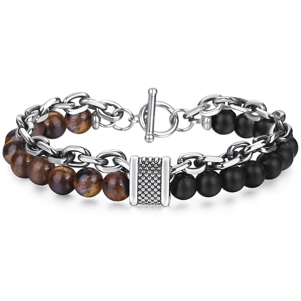 Natural Stone Bracelet Classic Stainless Steel Beaded Tiger Eye Map Stone Bracelet 2020 Fashion Men Jewelry
