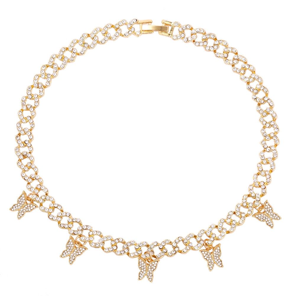 Flatfoosie Iced Out Full Rhinestone Cuban Chain Necklace Women Multilayer Crystal Butterfly Letter Pendant Necklace Punk Jewelry