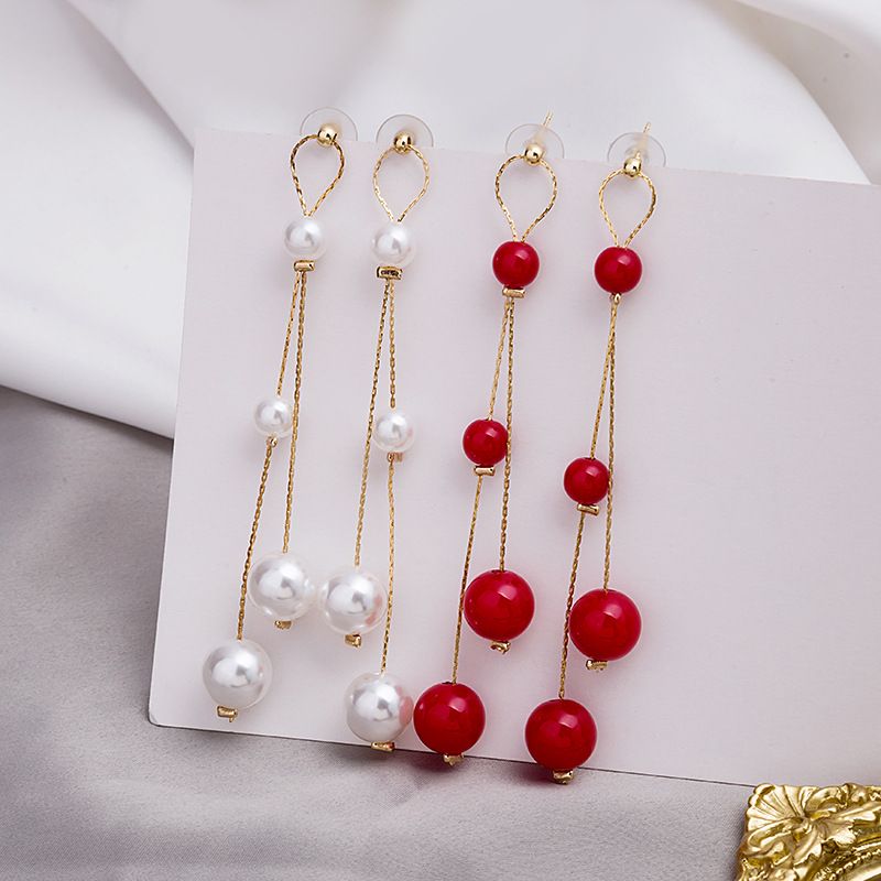 needle temperament red pearl tassel knot earrings show thin and long bead earrings earrings for gilrs for women low price