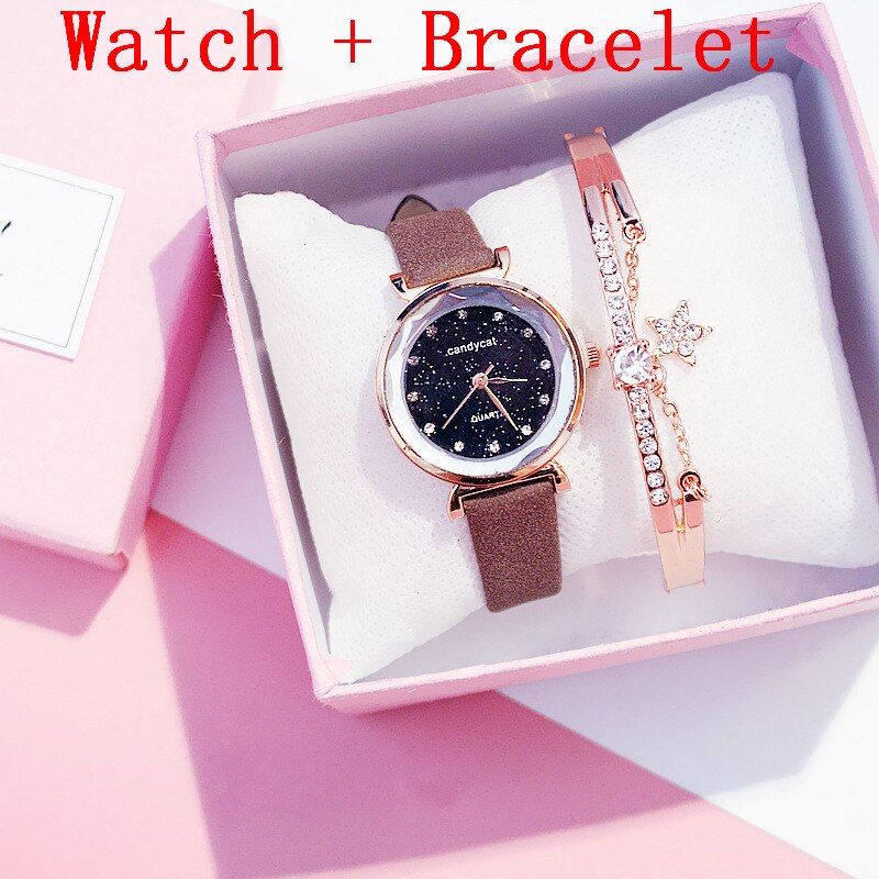 Women Starry Sky Diamond Bracelet Watch Set Luxury Leather Quartz Analog Wristwatches Zegarek Damski Reloj Mujer