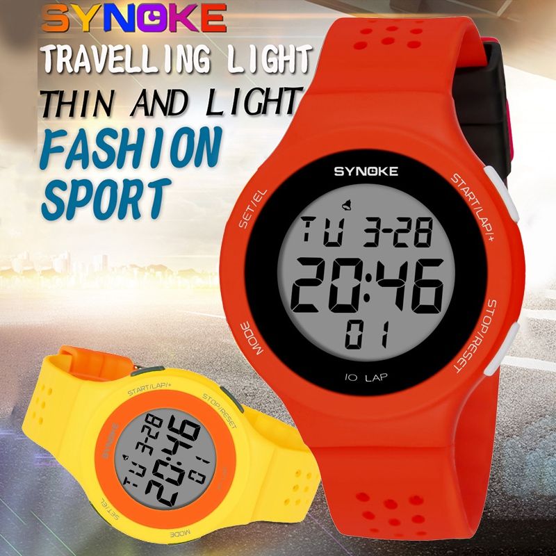 SYNOKE Ultra-Thin Electronic Watch Waterproof Student Watch Breathable Wristband Sports Watch LED Display Yellow