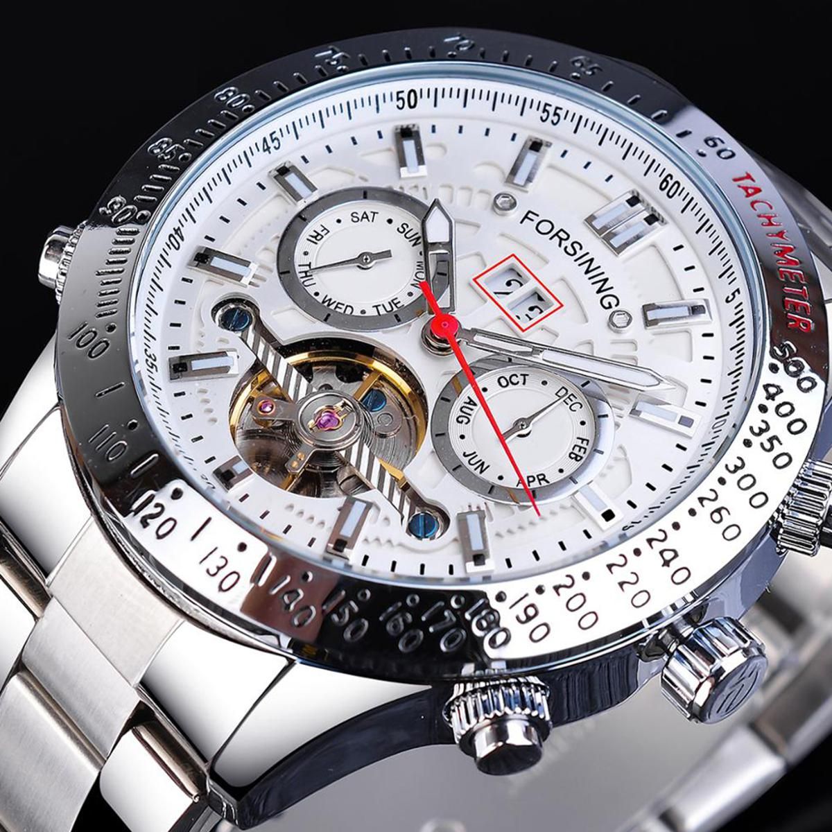 Yfashion Men Auto Mechanical Watch ourbillon Month Week Date Display Waterproof Stainless Steel Wristwatch