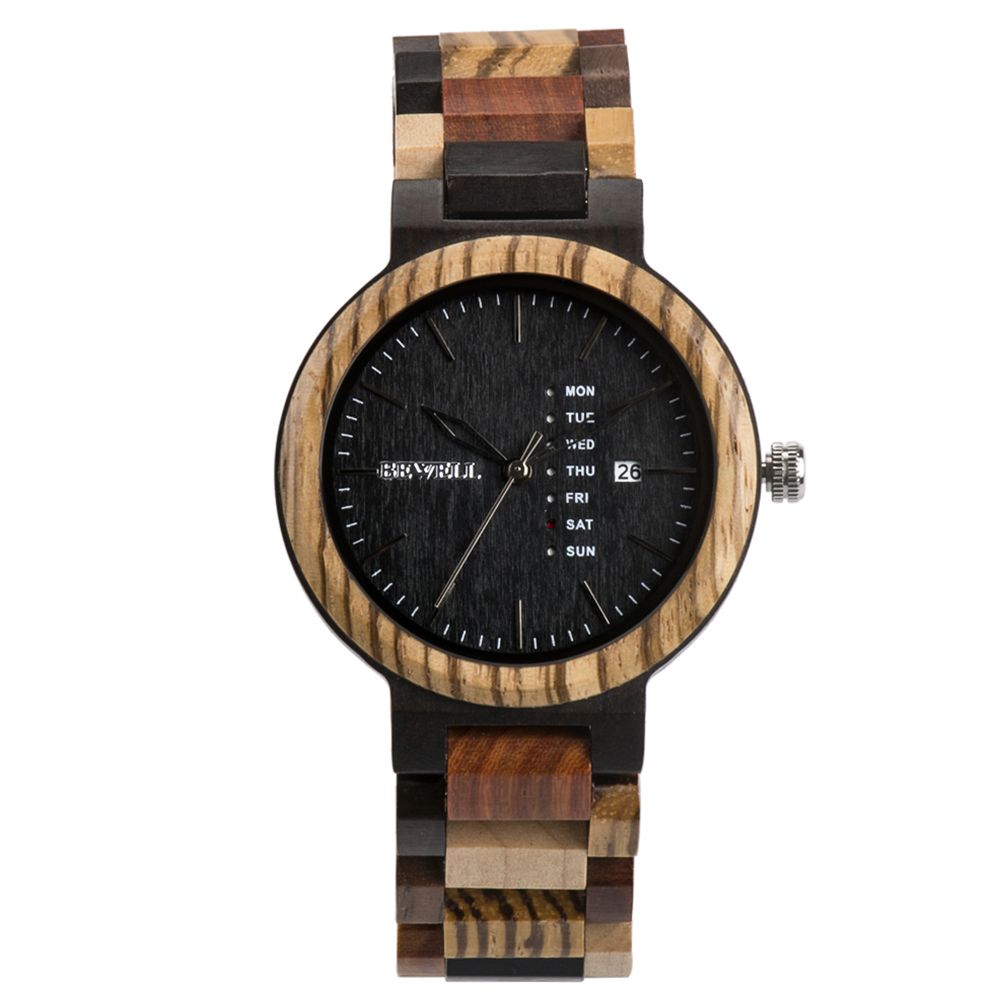 BEWELL Men Colorful Wooden Quartz Watch Week Date Display Vintage og Wrist Watch