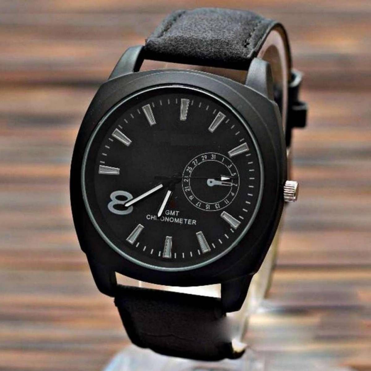 Leather Analog Wrist Watch for Men-Black
