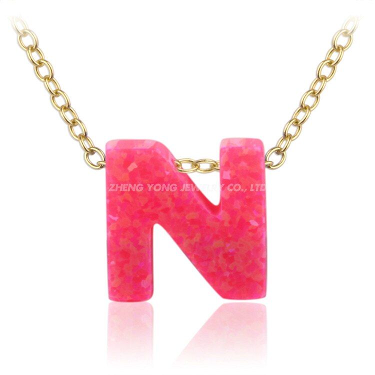 Beautiful Pink 26 Letters Pendant Necklace Synthetic Opal Necklace Silver Plated