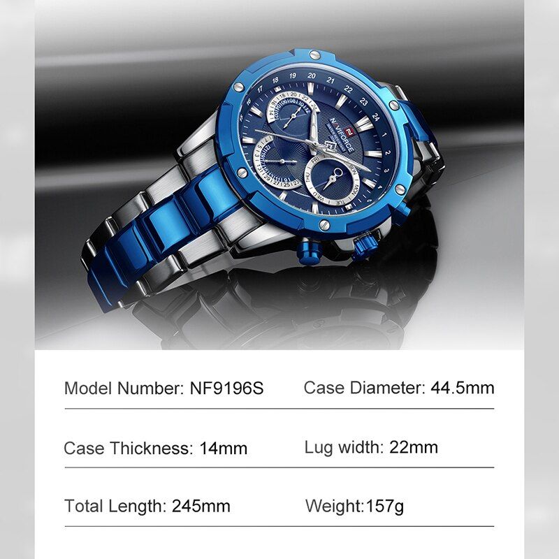 NAVIFORCE NF9196 Top Brand Luxury Chronograph Casual Male Stainless Steel Men Wristwatch- Silver Blue