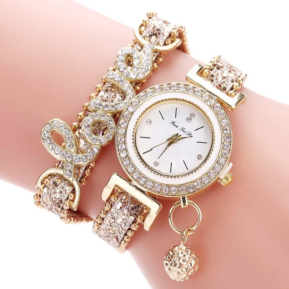 Fashion Women Multi-layer Bracelet Quartz Watch Alloy Crystal Love Letter Band Wristwatch Jewelry Gifts