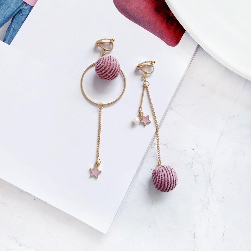 EF Women Asymmetric Velvet Round Ball Long Earrings Elegant Female