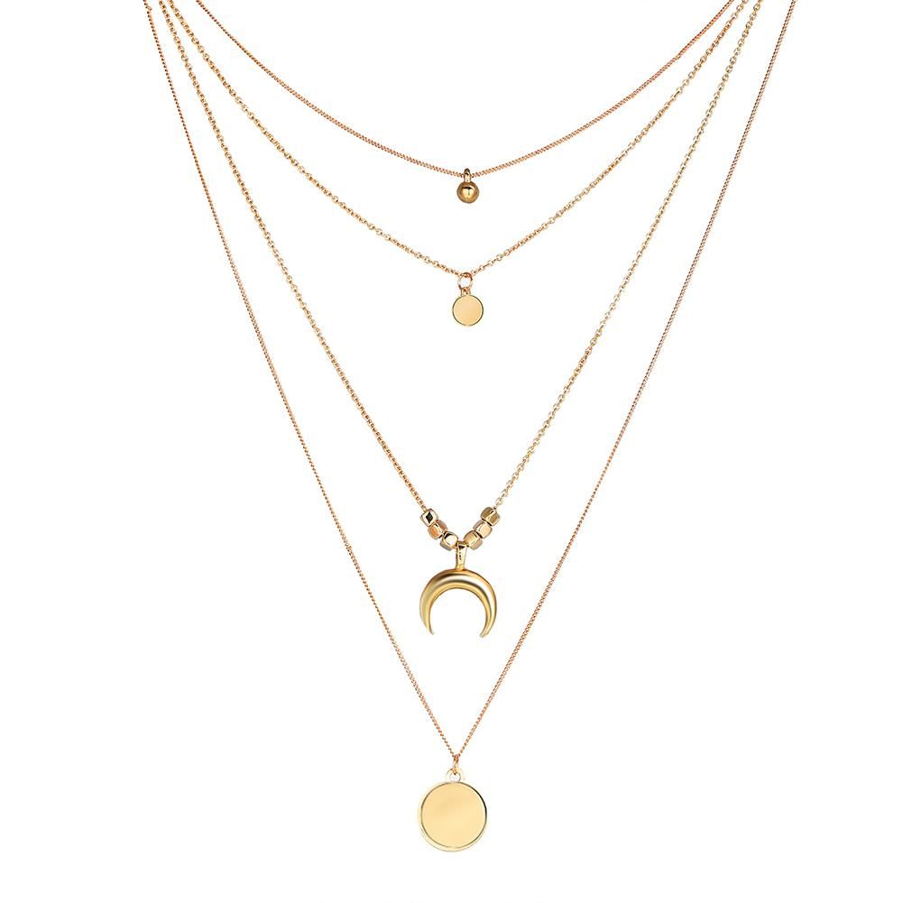Women Crescent Moon Bell Round Pendant Multi Layer Chain Necklace Jewelry