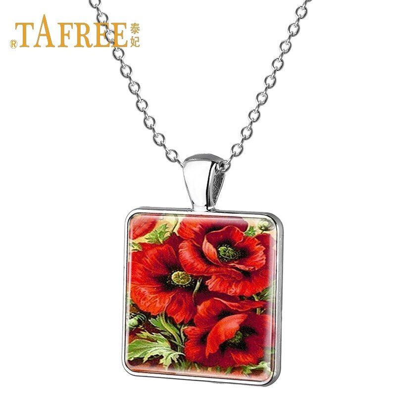 TAFREE Charm Flower Necklace Sunflower Rose Sun Flower Phalaenopsis pattern Square pendant necklace for lover gift jewelry E214