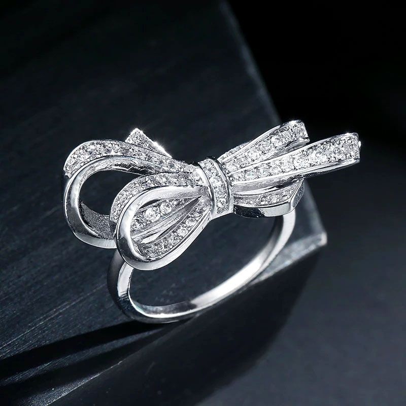 SINLEERY Unique Romantic Big Bow Knot Micro Paved Crystal Rings Silver Color Women Wedding Party Jewelry Best Gifts JZ040 SSF
