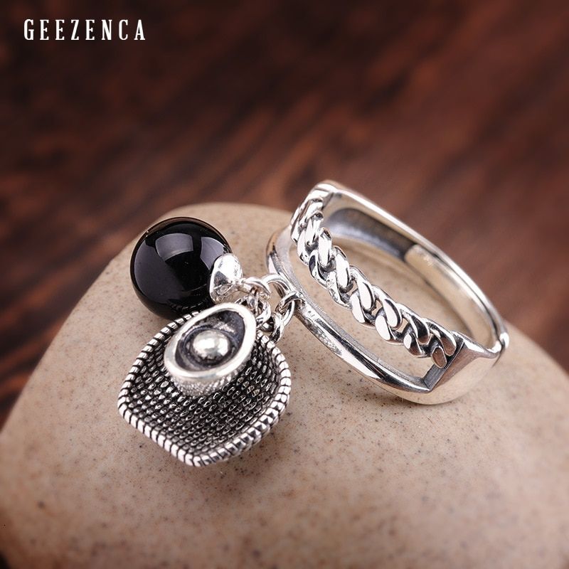 925 Sterling Thai Silver Black Agate Lucky Ring  Design Vintage Cute Charm Open Rings Fine Jewelry For Women