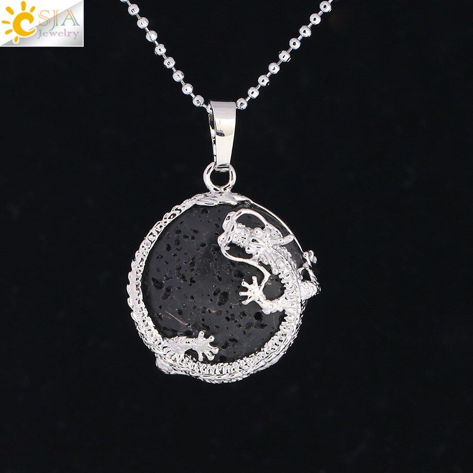 CSJA Necklaces Dragon Pendants Women Natural Stone Purple Crystal Pink Quartz Tiger Eye Lava Rock Flat Round Beads Fittings F304