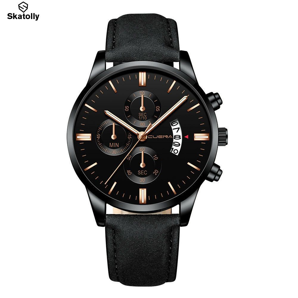 Fashion Sport Men's Stainless Steel Case Leather Band Quartz Analog Wrist Watch with nice material