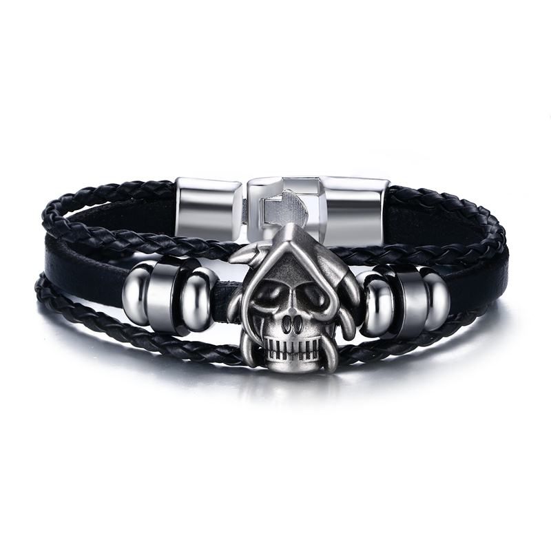 Mens Black Leather Bracelet with Glossy Stainless Steel Tag Casual Male Jewelry B00189