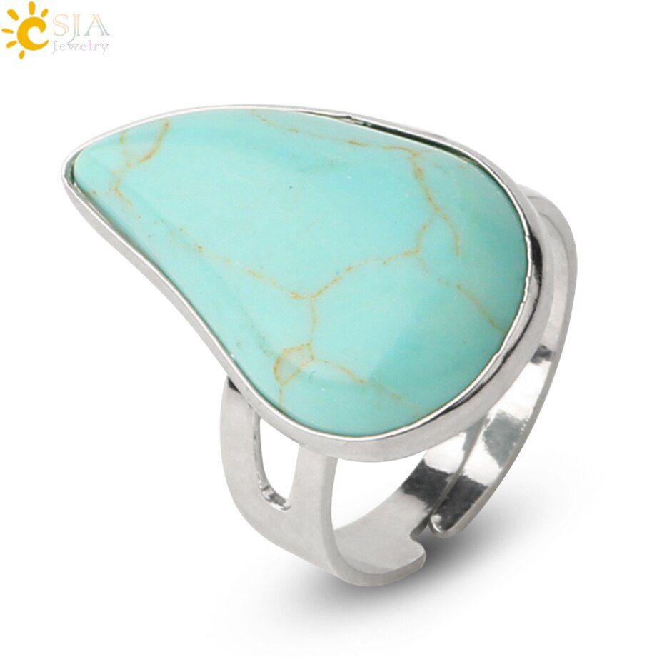 CSJA Reiki Healing Natural Stone Water Drop Rings for Women Mens Finger Ring Purple Pink Quartz Tiger Eye Wedding Jewellery E870