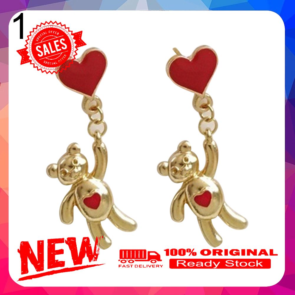 Sweet Women Asymmetric Hot Air Balloon Heart Bear Dangle Stud Earrings Jewelry