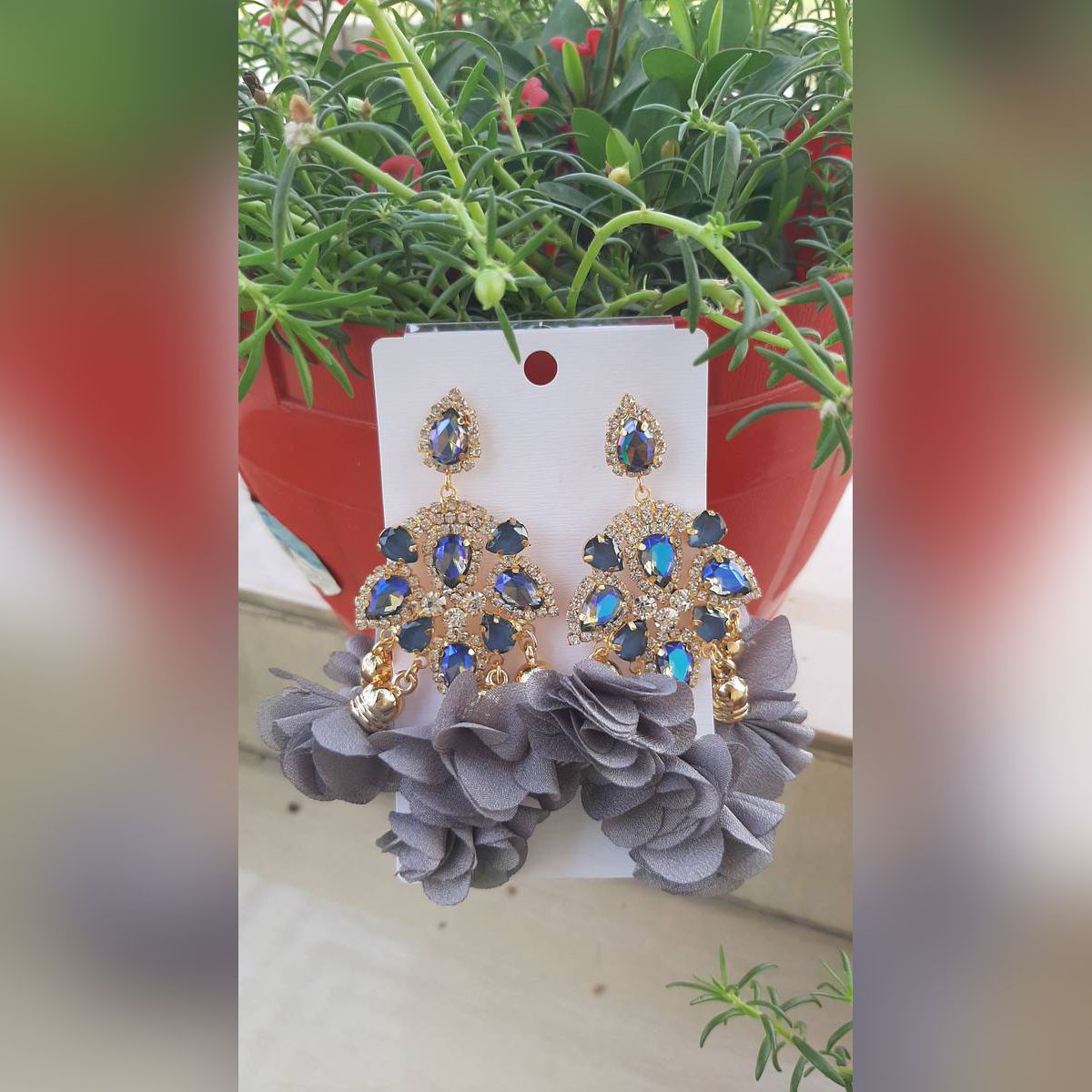 Exclusive Floral Long Ear Ring with Blue Jarkan Stone