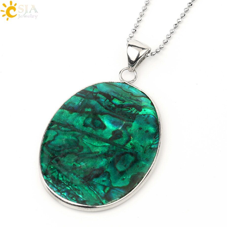 CSJA Green Oval Seashell Pendant Paua Abalone Shell Flat Bead Silver Color Pendants Necklace for Women Charm Simple Jewelry G230