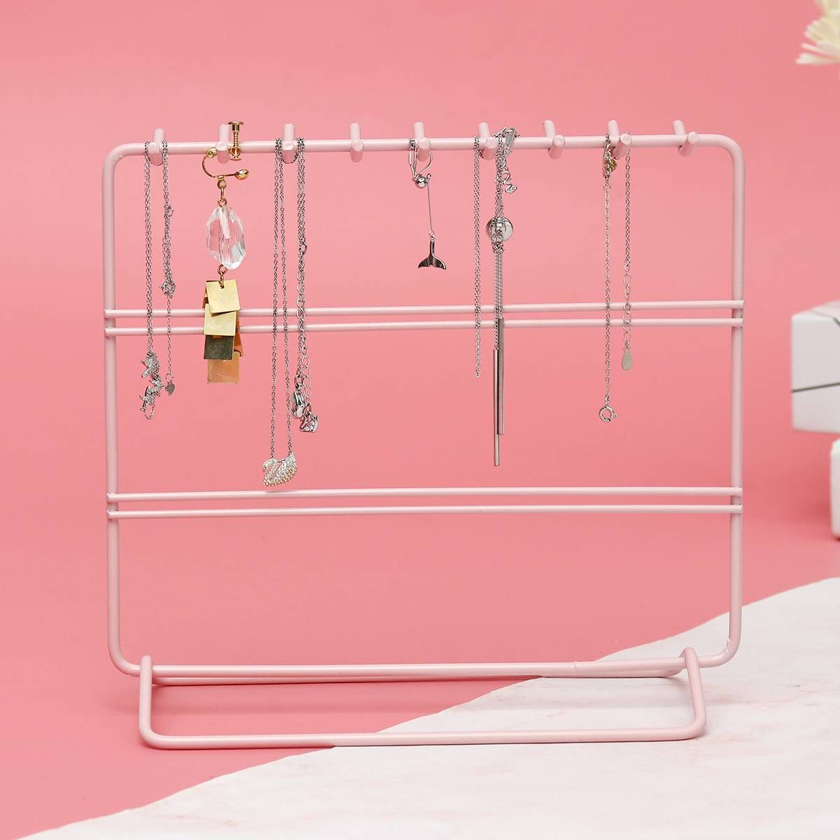 (BLACK/GREEN/PINK-20.5*9*19cm) 18-hook Iron Jewelry Stand Holder Accessories Necklace Ring Earring Bracelet Showcase Rack Accessories Organizer For Home Decor Retail Shop Counter Display - PINK（Follow Us Get Voucher）