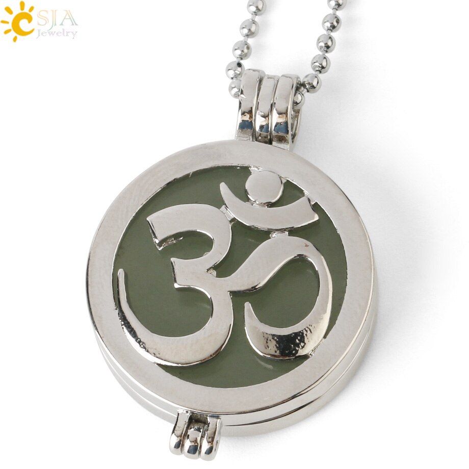 CSJA Natural Stone Yoga 3D Pendant Reiki Crystal Quartz AUM Hollow Locket Necklace for Women Men DIY Essential Oil Diffuser G310