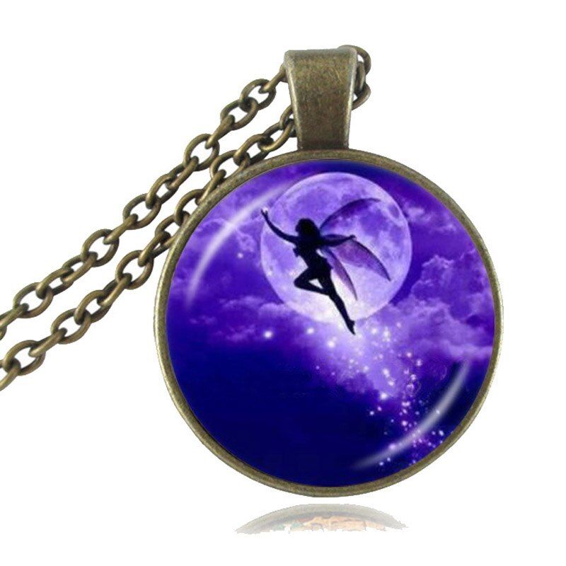 Fairy in Moon Photo Necklace Angel Jewelry Crescent Moon Pendant Glass Cabochon Round Chain Choker Neckless for Women Girls HZ1