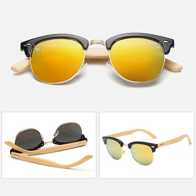 C5 black yellowQ Unique Design Metal Frame Sunglasses Men Women Light Colorful Bamboo Wood Round Glasses Brand Design Gradient Color Goggles