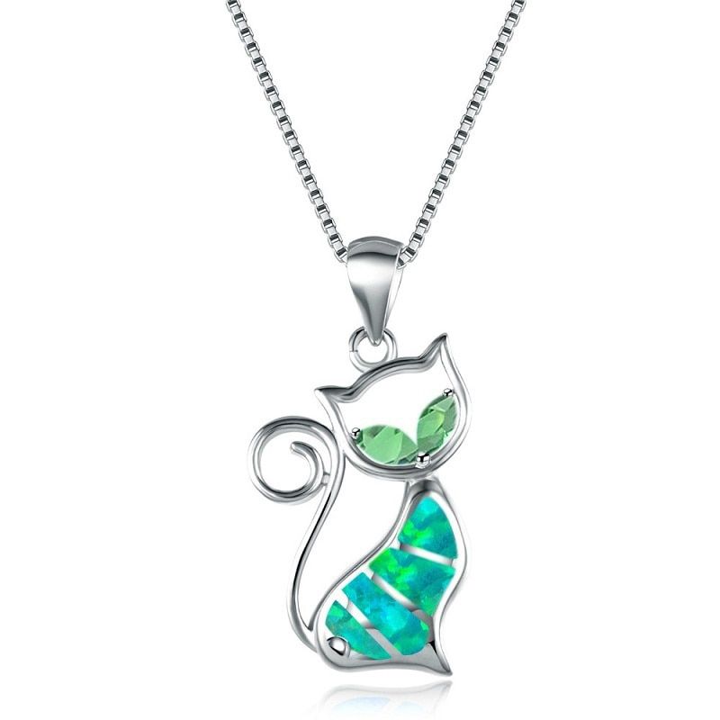Elegant Cat Design Crystal Rhinestones Blue Opal Necklaces Pendant Necklace For Women Bohemian Necklace Jewelry Gift
