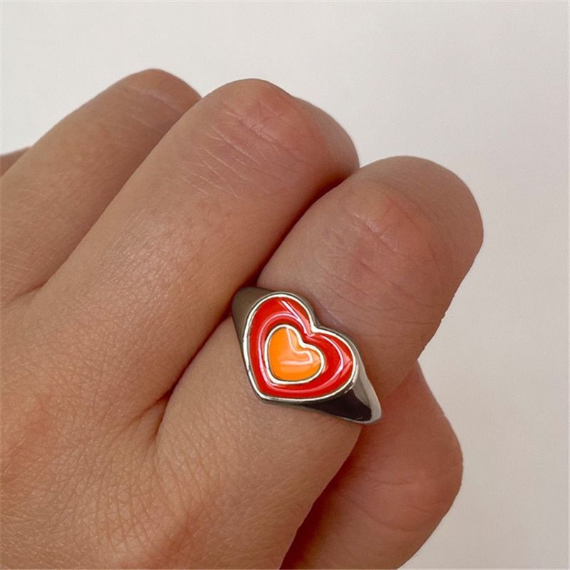 Korean Trendy Y2K Vintage Double Layer Heart Enamel Ring for Women Dripping Oil Color Contrast Opening Metal Ring Couple Jewelry