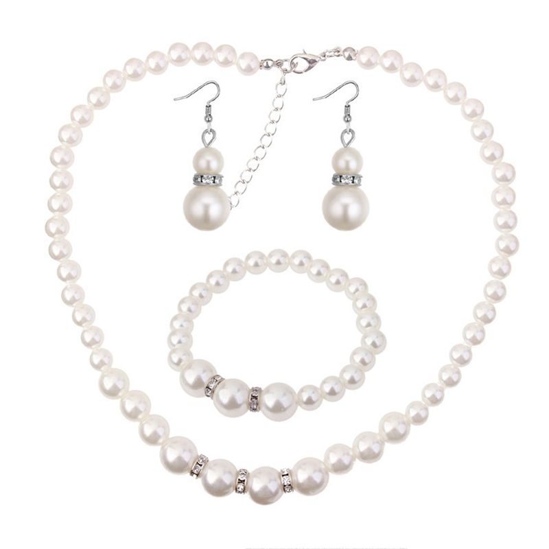 Women Crystal Pearl Necklaces Bangles Earrings Wedding Charm Jewelry Set Gift