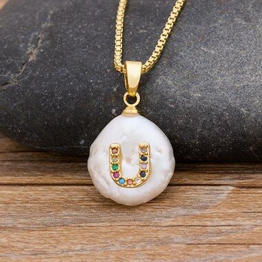 New Fashion Initial Alphabet A-Z Letters Natural Freshwater Pearl Pendant Necklace Copper Zirconia Choker Jewelry Gift For Women