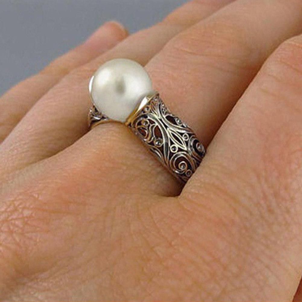 Silver Wedding Ring for Women 18k Yellow Gold Plated White Pearl Ring US Size 6-10