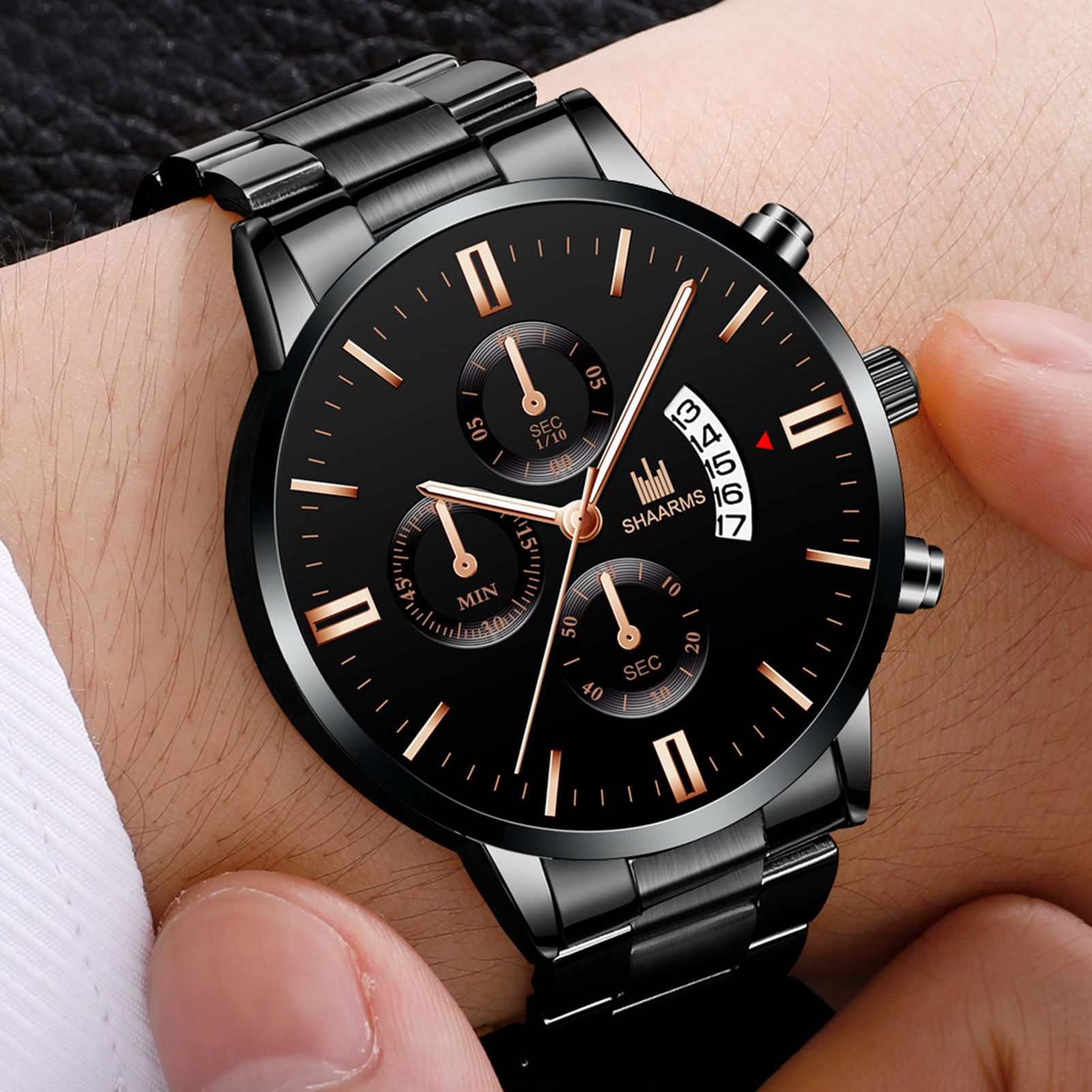 SHAARMS Simple Men Quartz Movement Watch Steel Band Calendar Analog Wristwatch