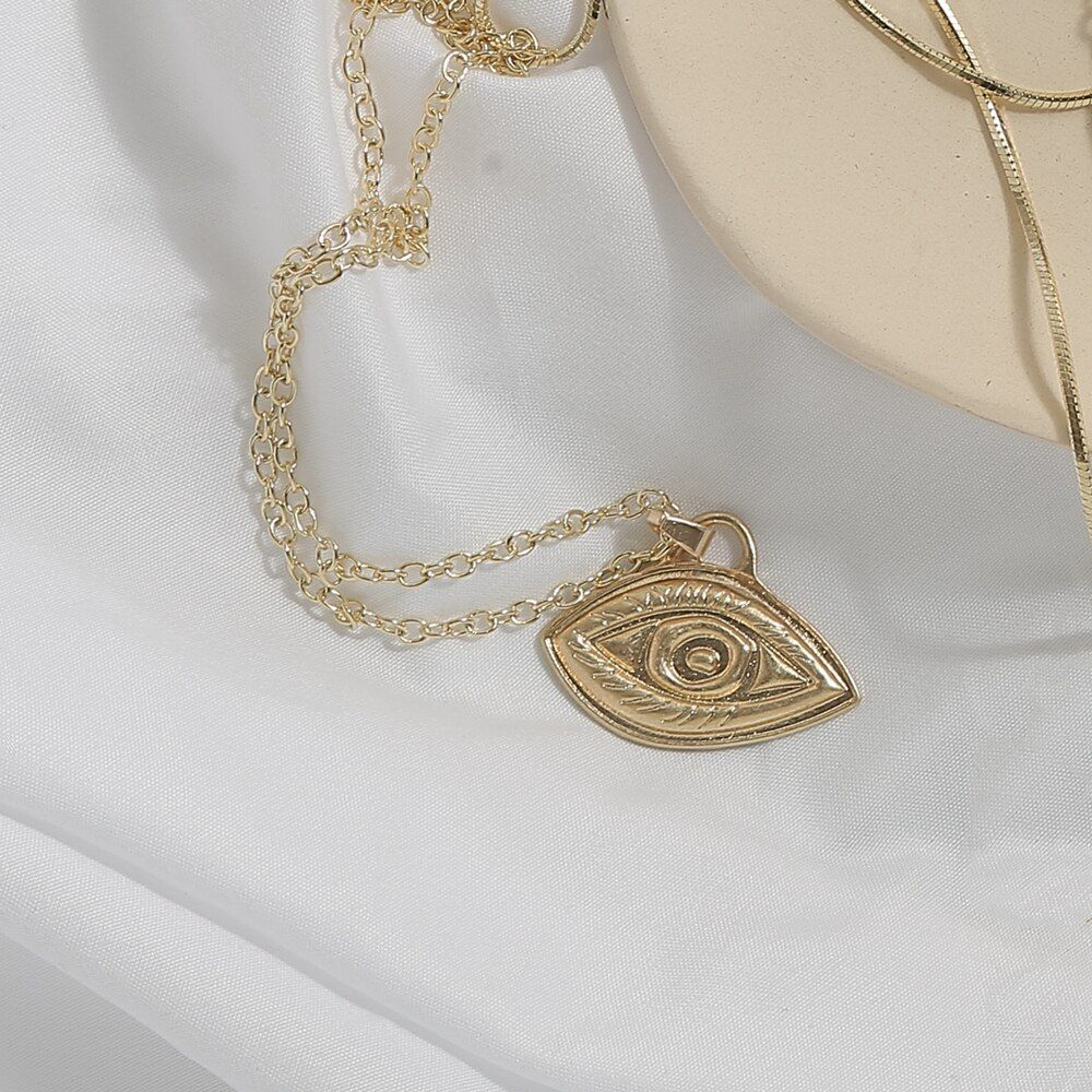 AOMU Vintage Coin Necklace For Women Fashion Metal Gold Color Face Eye Shape Pendant Long Necklaces Boho Party Jewelry