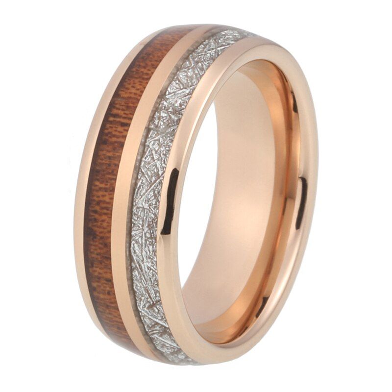 Tungsten Carbide Ring Men Women Wedding Band Domed With Wood And Meteorite Inlay