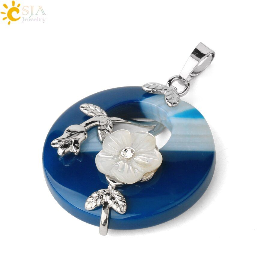 CSJA Natural Stones Pendant for Necklace Round HollowEngraved Flower Leaf Pink Quartz Onyx Crystal Donut Bead Reiki Jewelry G384