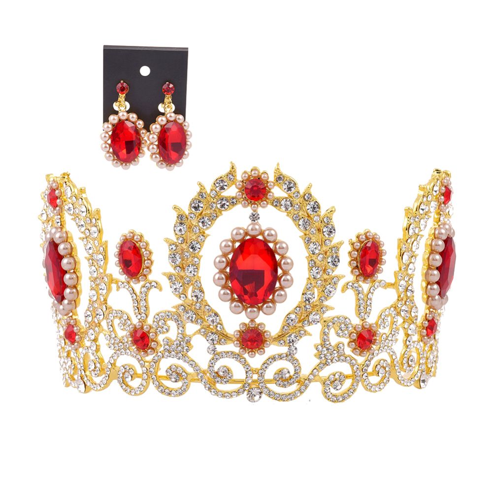 Baroque Women Rhinestone   Pearl Crown Tiara Earrings Wedding Jewelry Set